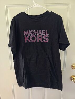 Michael Kors Black Tee with Pink Embellished Logo Size Large
